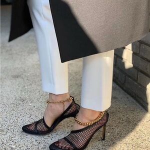Bottega Veneta Black Mesh Heels with Gold Chain